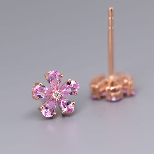 Pink Sapphire Diamond Sakura Cherry Blossom Flower Stud Earrings 14K Rose Gold