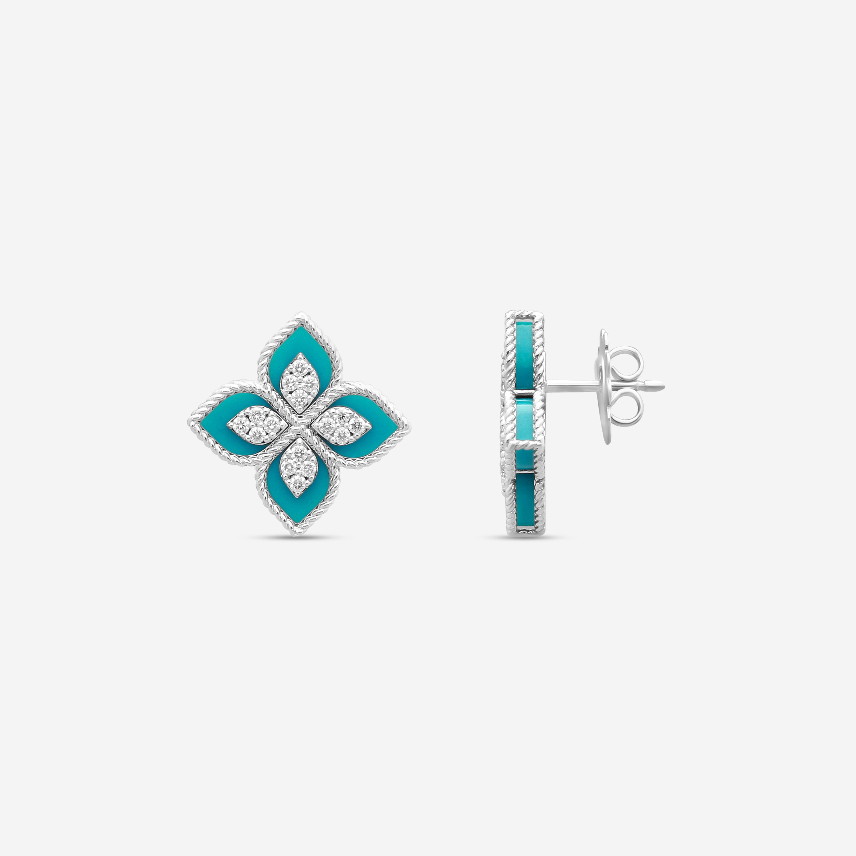 Roberto Coin Venetian Princess 18K White Gold Diamond and Turquoise Stud Earrings 8882784AWERXT