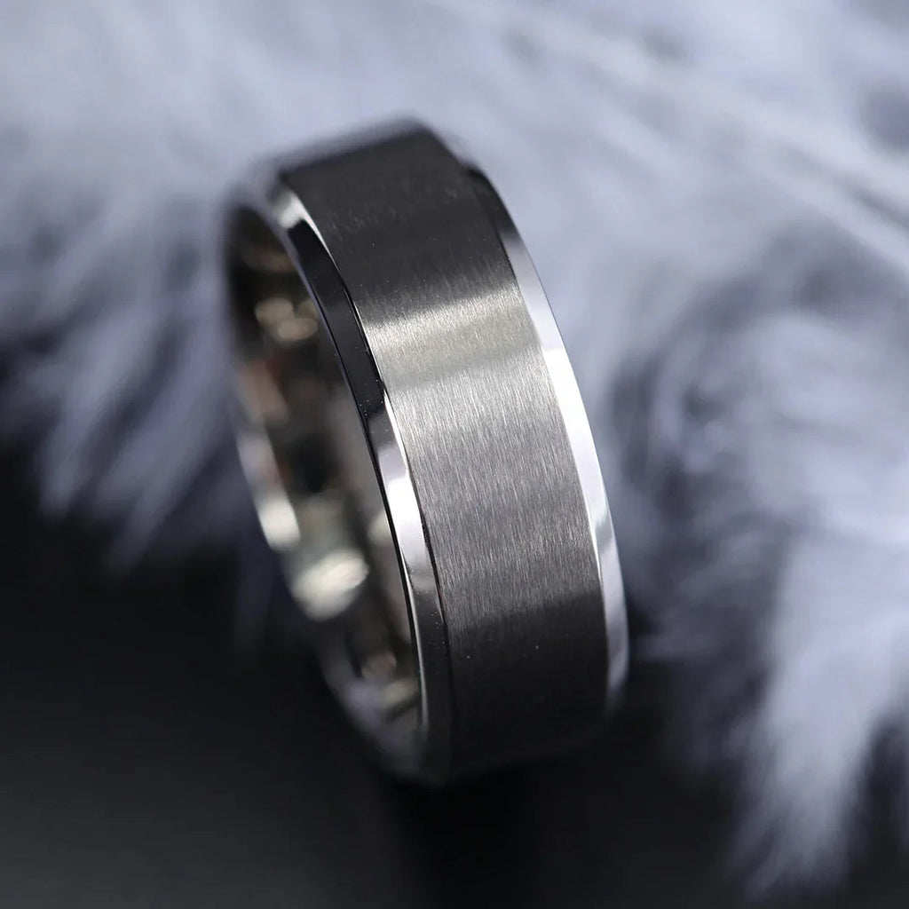 SHIRE Titanium Men’s Flat Wedding Ring, Brushed Center with Polished Beveled Edges — 6mm & 8mm