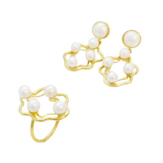 18K yellow gold set of waves with round white pearl: CHA-30598 / ADAS-2775