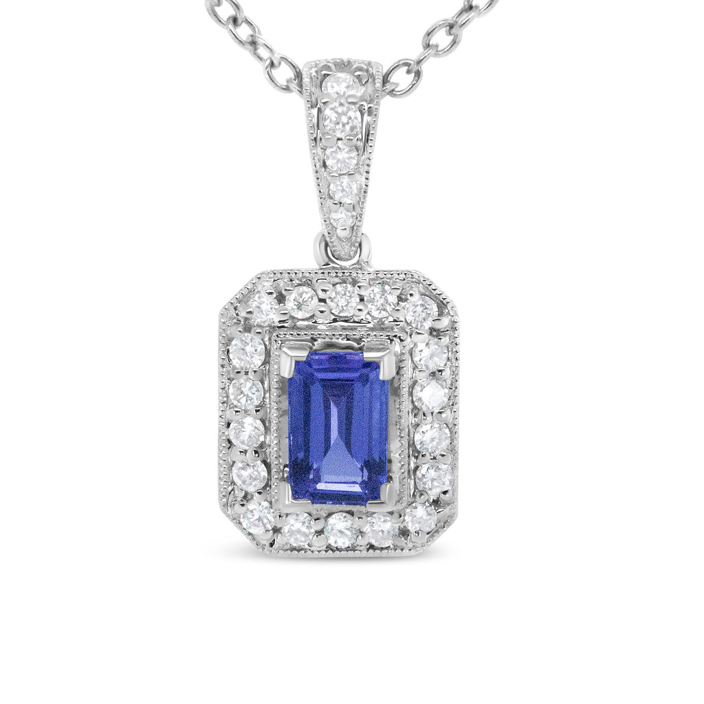 18K White Gold 1/4 Cttw Round Diamond and 6x4mm Purple Tanzanite Halo 18" Pendant Necklace (H-I Color, VS1-VS2 Clarity)