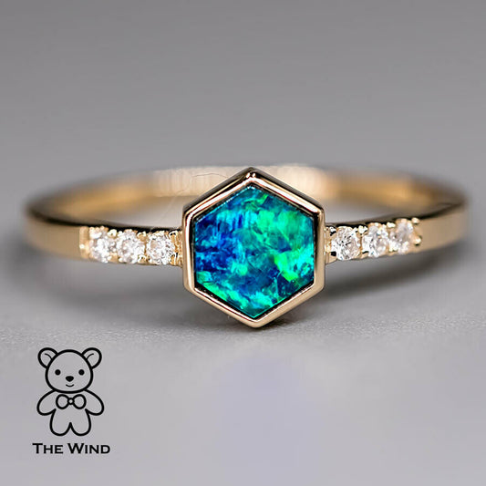 Geometric Design Hexagon Australian Doublet Opal & Diamond Ring 14K Yellow Gold