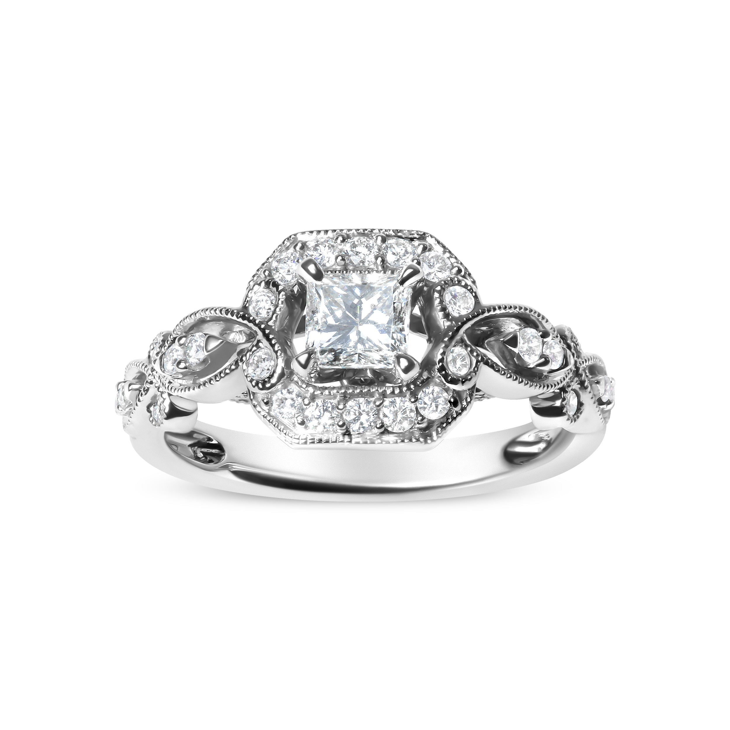 14K White Gold Diamond 3/4 Cttw Diamond Halo Style and Woven Shank Engagement Ring (G-H Color, VS2-SI1 Clarity) - Size 7