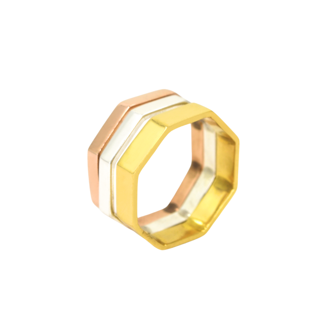 Stacking rings in octagon shape, in three shades of 18K gold. - UNISEX - H-44