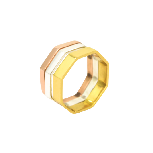 Stacking rings in octagon shape, in three shades of 18K gold. - UNISEX - H-44