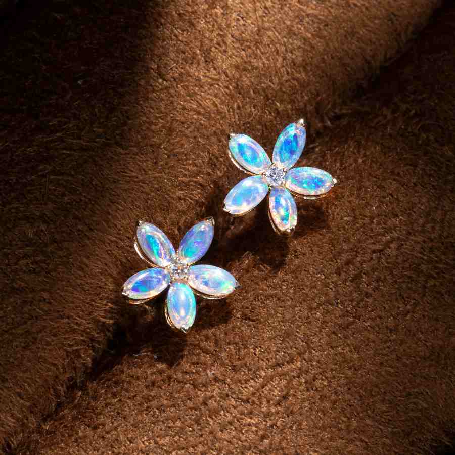Opal Diamond Sakura Cherry Blossom Flower Stud Earrings 14K Yellow Gold