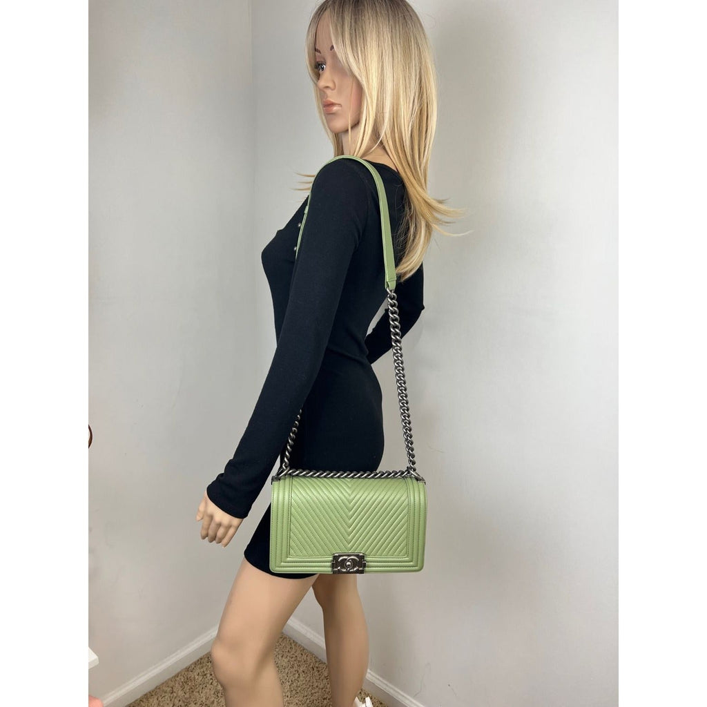 Chanel Calfskin Chevron Quilted Medium Boy Flap Light Green Bag