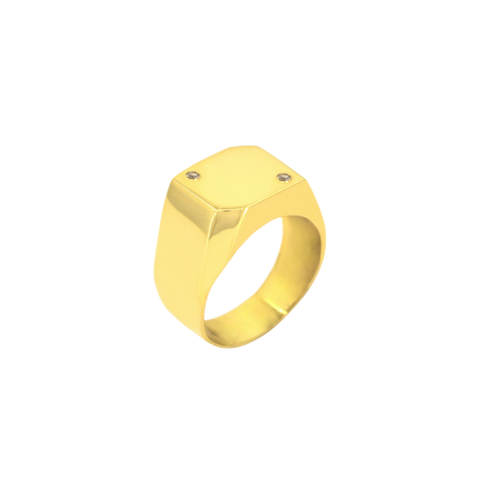 Ring with square plate in 18K yellow gold, with two diamonds. H-45