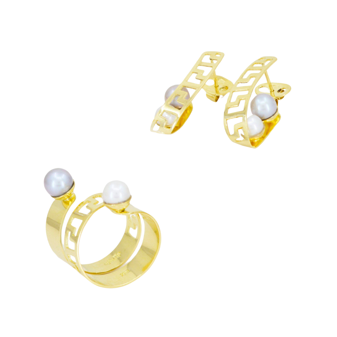 18K yellow gold set of spiral ring and earrings with openwork and white and gray round pearls.;CHJ-30470