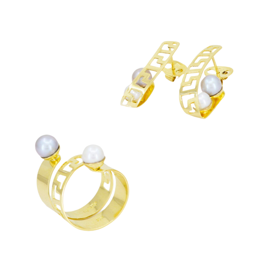 18K yellow gold set of spiral ring and earrings with openwork and white and gray round pearls.;CHJ-30470