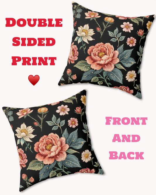 Black Vintage Floral Decorative Faux Suede Throw Pillow