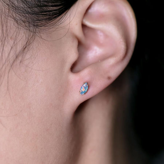 Dainty Marquise-Cut Australian Doublet Opal Stud Earrings 18K Yellow Gold