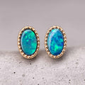 Minimalist Oval Doublet Opal Stud Earrings 18K Yellow Gold