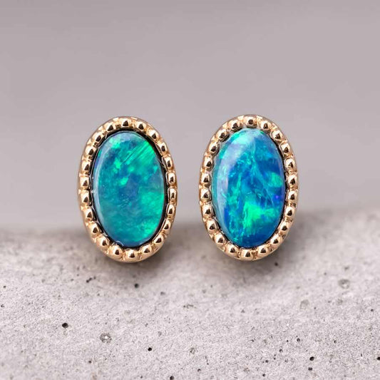 Minimalist Oval Doublet Opal Stud Earrings 18K Yellow Gold