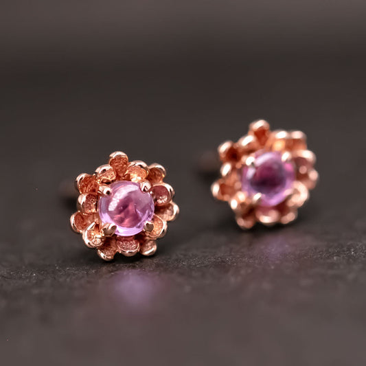Peony Flower Stud Earrings with Pink Sapphire 14K Rose Gold