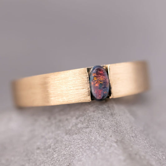 Minimalist Satin Finish Australian Black Opal Band 18K Yellow Gold