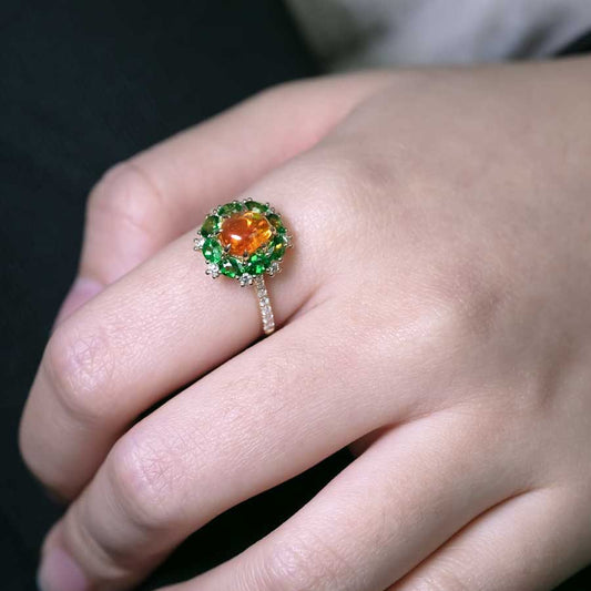 Fiery Mexican Fire Opal Surrounded by Diamonds & Tsavorites in 18K Yellow Gold