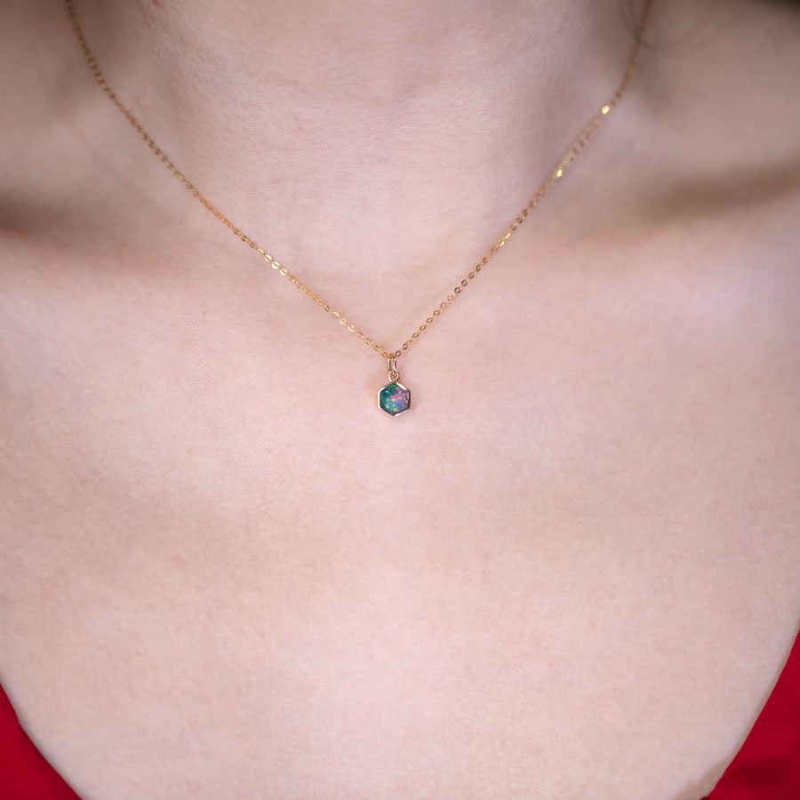 Geometric Pattern Hexagon Doublet Opal Necklace 14k Yellow Gold
