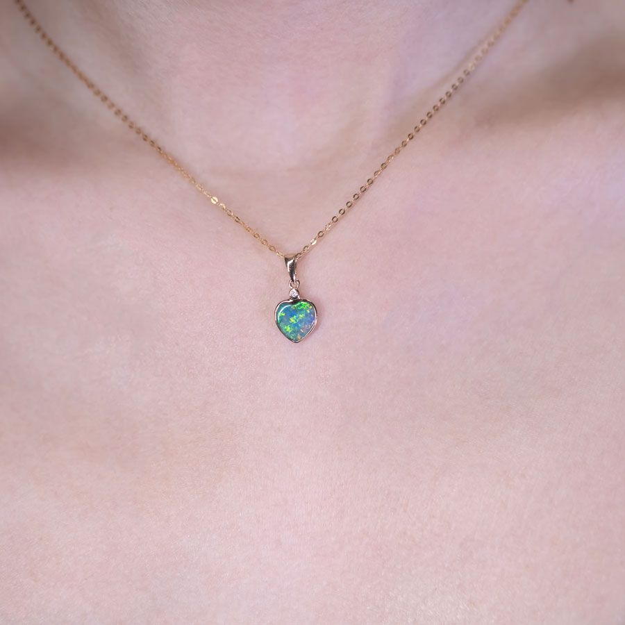 Heart Shaped Doublet Opal Diamond Pendant Necklace 14k Yellow Gold