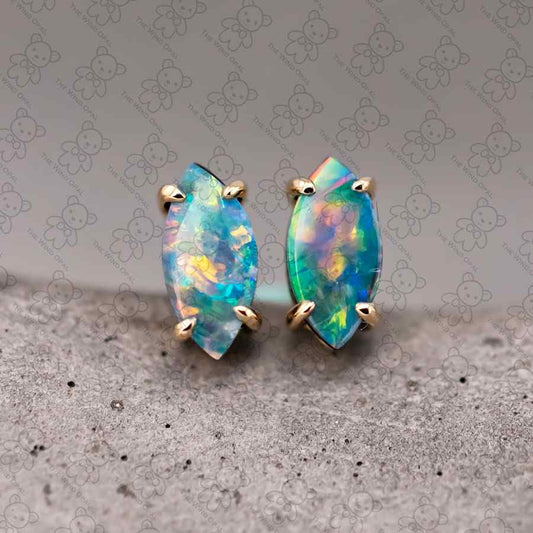 Dainty Marquise-Cut Australian Doublet Opal Stud Earrings 18K Yellow Gold