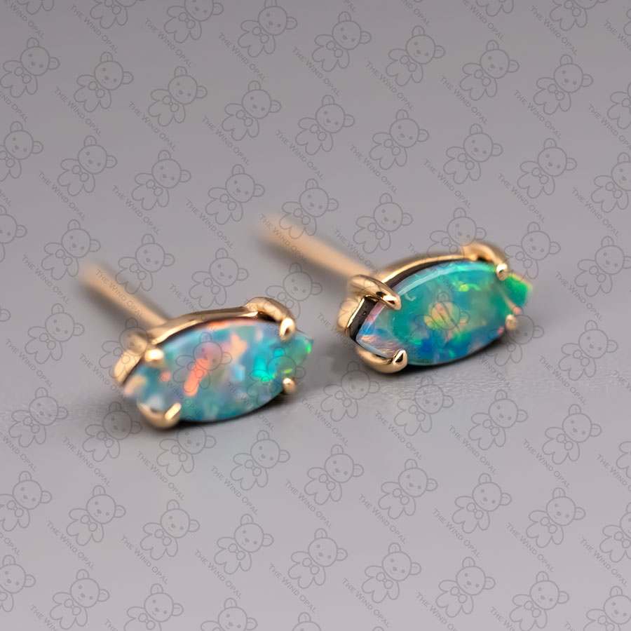 Dainty Marquise-Cut Australian Doublet Opal Stud Earrings 18K Yellow Gold
