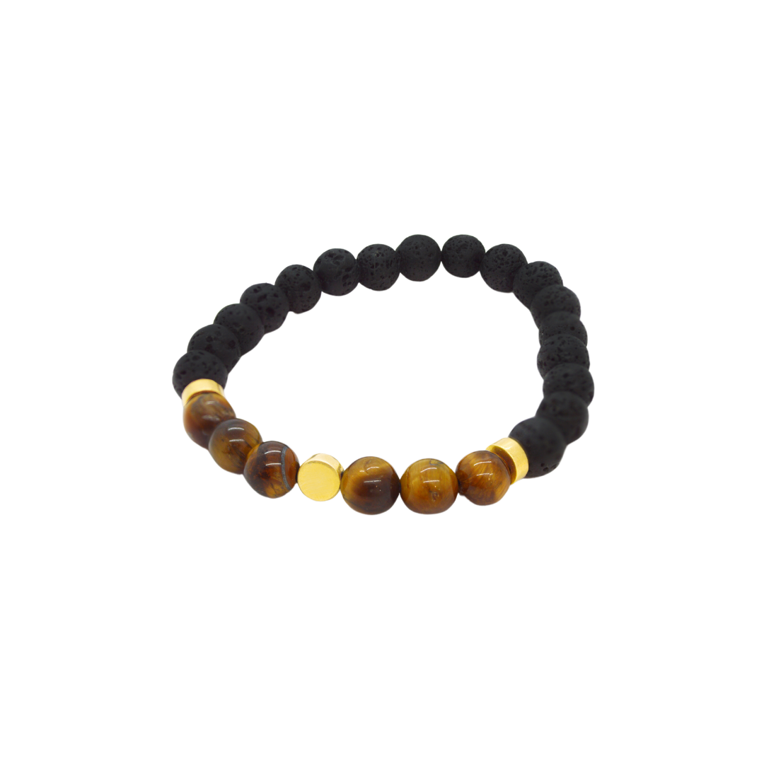 Bracelet of volcanic and tiger eye stones interspersed with rhodium plated and central token in 18K yellow gold. H-09