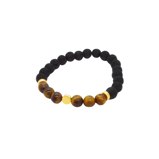 Bracelet of volcanic and tiger eye stones interspersed with rhodium plated and central token in 18K yellow gold. H-09