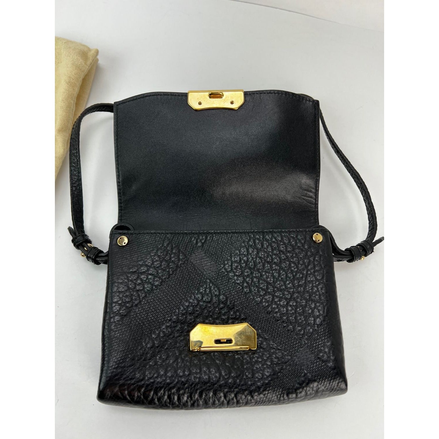 Burberry Signature Grain Leather Check Embossed Langley Black Crossbody
