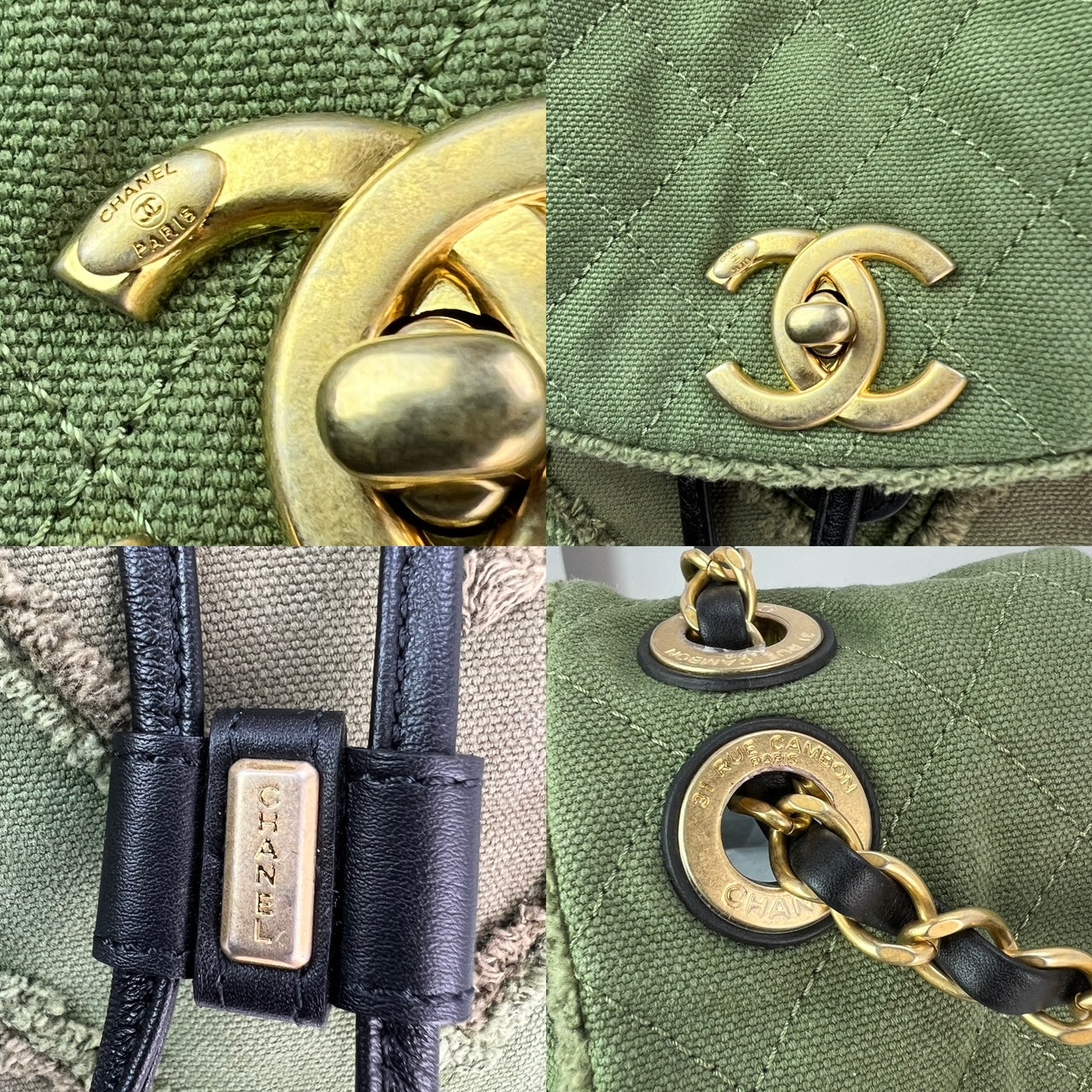CHANEL Backpack Canvas Chevron Cuba Patchwork Khaki Green Backpack Preowned