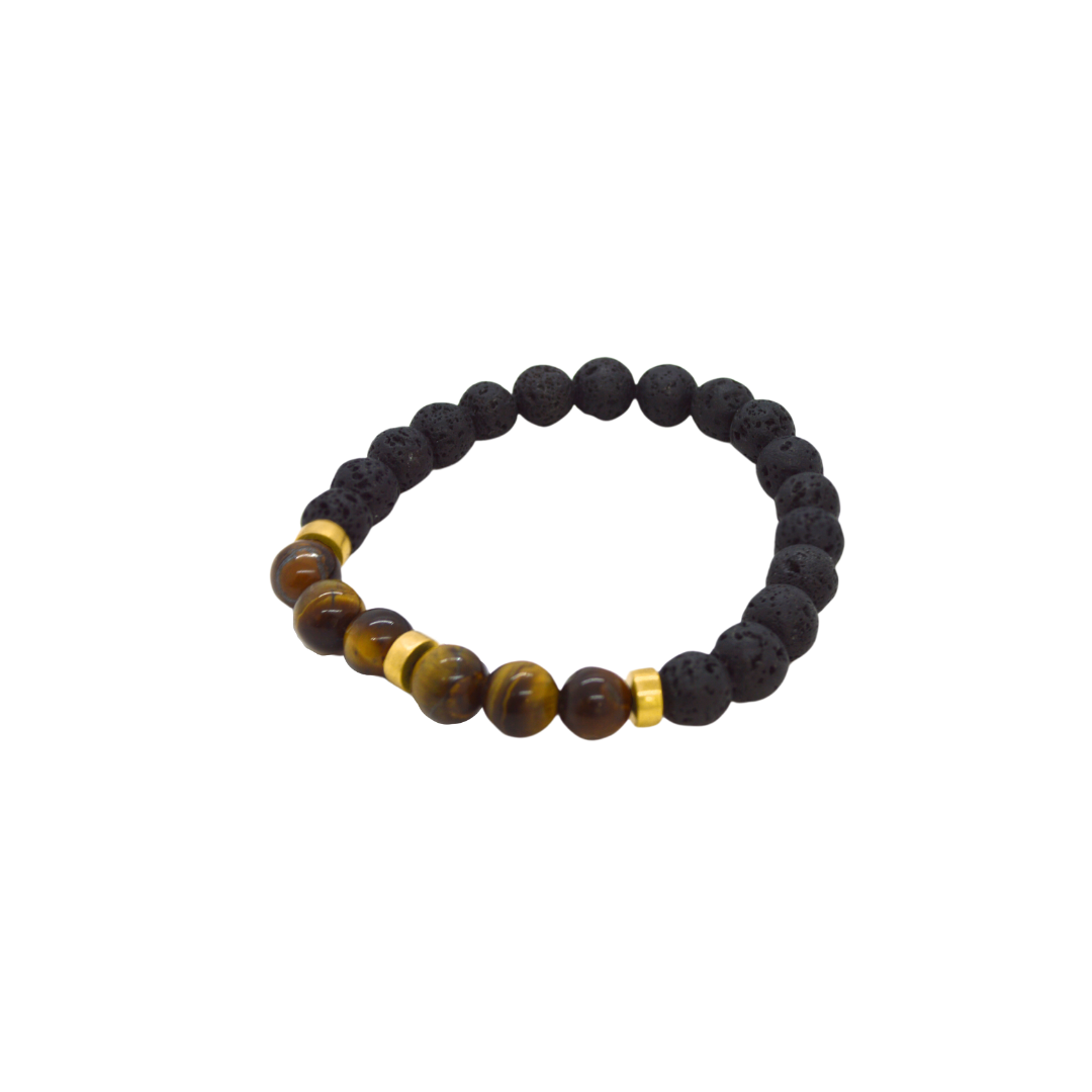 Bracelet of volcanic stones and tiger eye stones, interspersed with rhodium plated 18K yellow gold. H-10