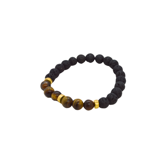 Bracelet of volcanic stones and tiger eye stones, interspersed with rhodium plated 18K yellow gold. H-10