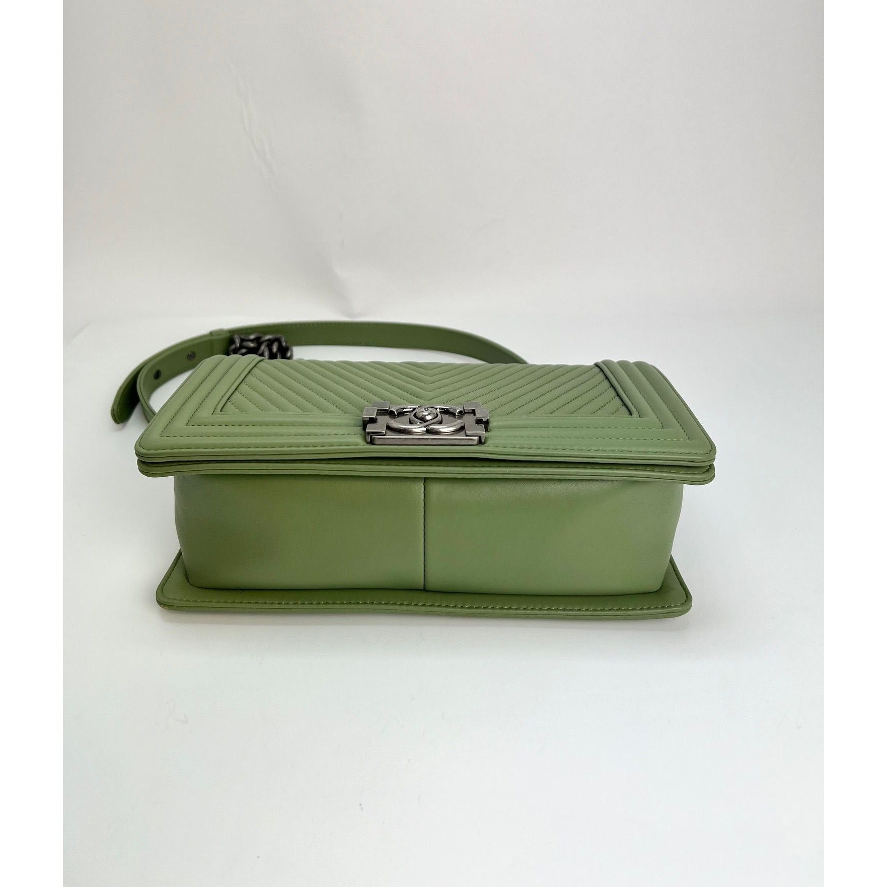 Chanel Calfskin Chevron Quilted Medium Boy Flap Light Green Bag