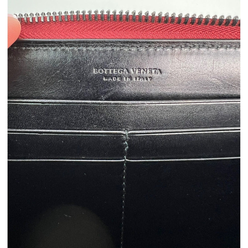 Bottega Veneta Burgundy Intrecciato Zip Around Leather Wallet Clutch