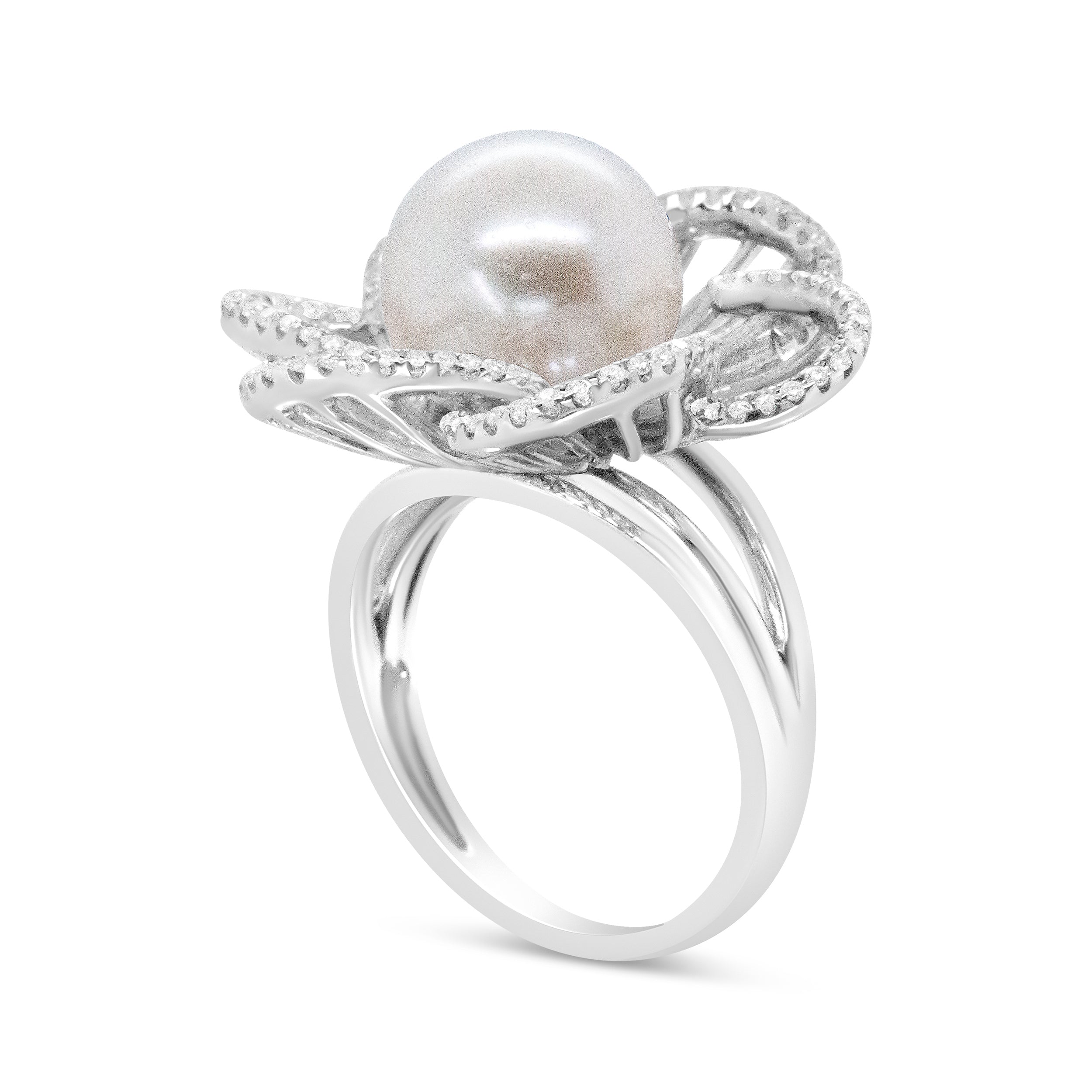 14K White Gold 11mm Round Pearl and 1/3 Cttw Round Diamond Openwork Flower Blossom Ring (H-I Color, VS1-VS2 Clarity) - Size 6.50