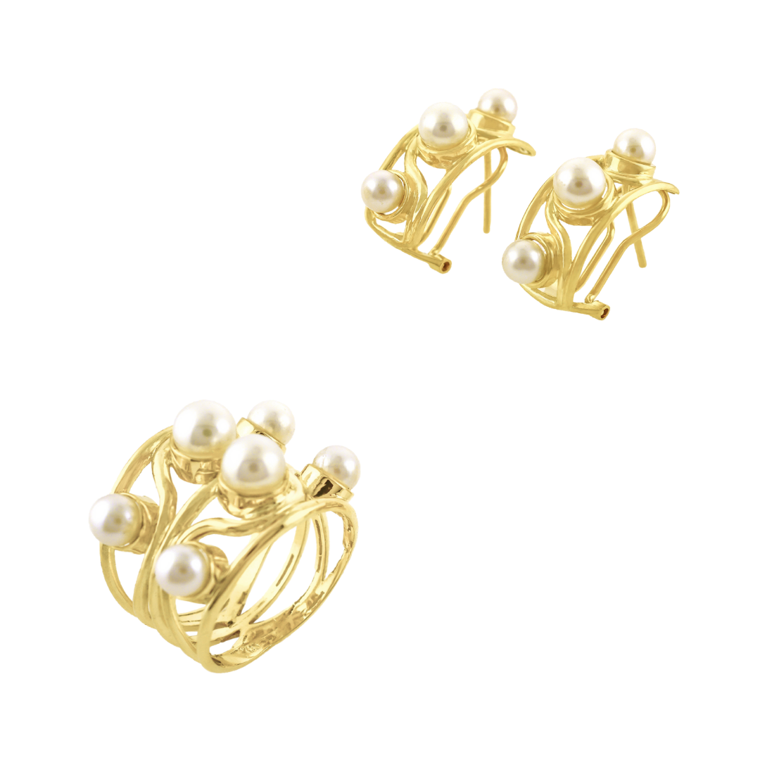 18K Yellow gold set with white pearls  and gold wire composition. CHS-30703 / CHA-31497