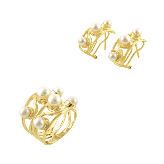 18K Yellow gold set with white pearls  and gold wire composition. CHS-30703 / CHA-31497