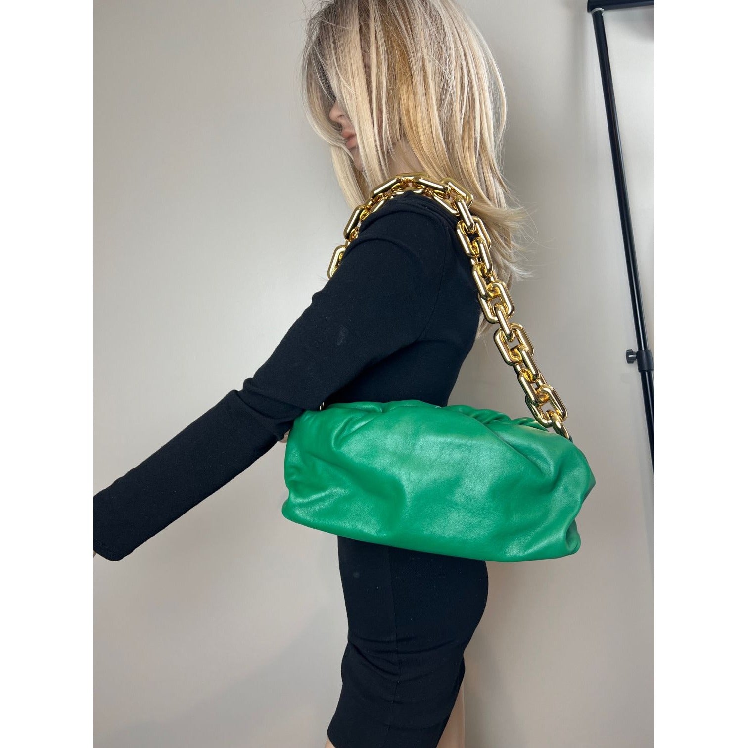 Bottega Veneta Green Chain Leather Pouch Bag  Clutch