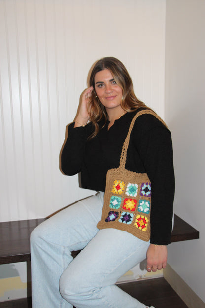 Crochet Khaki Floral Tote