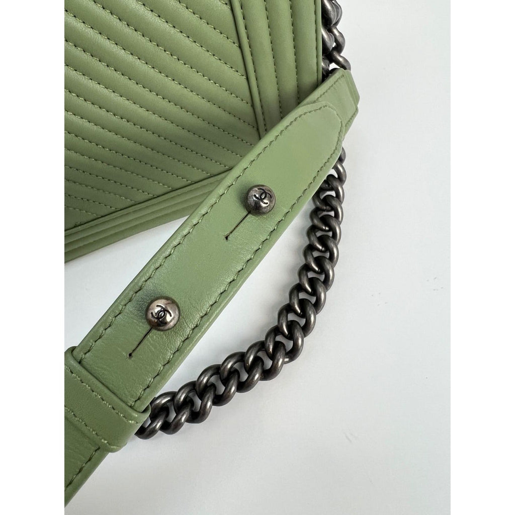 Chanel Calfskin Chevron Quilted Medium Boy Flap Light Green Bag