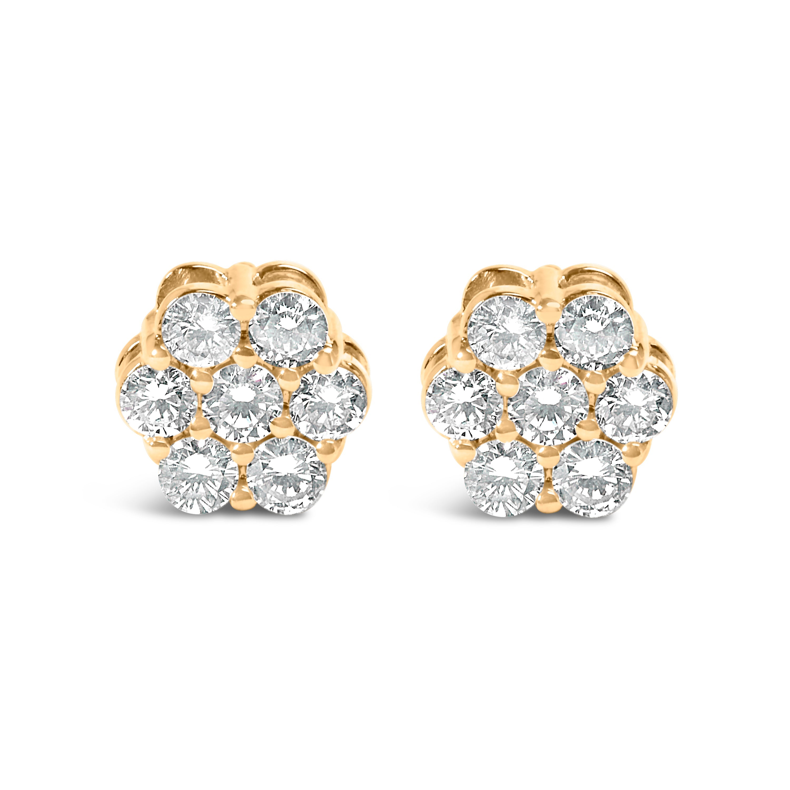 14K Yellow Gold 3/4 Cttw 7 Stone Floral Cluster Round Brilliant Cut Diamond Stud Earrings with Screw Backs (I-J Color, SI2-I1 Clarity)