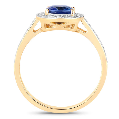 1.31 Carat Genuine Blue Sapphire and White Diamond 18K Yellow Gold Ring