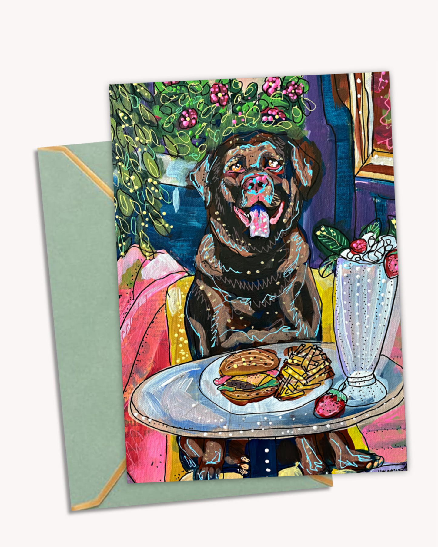 Chocolate Lab Dining - Greeting Card / Fine Art Print