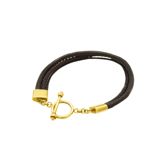 Leather bracelet with "T" clasp in 18K yellow gold. H-07