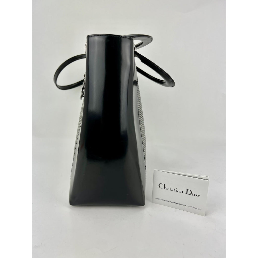 Christian Dior Large Lady Black Patent Leather Canvas Hand Bag
