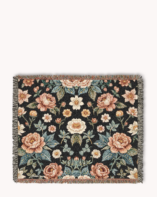 Black Vintage Floral Woven Blanket Tapestry