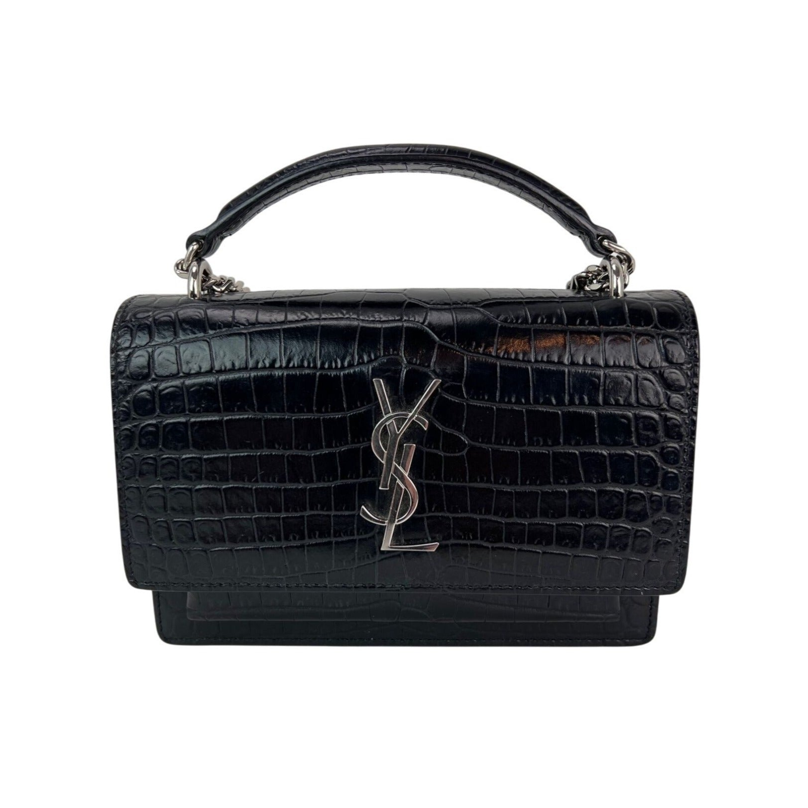 Saint Laurent Black Leather Sunset Wallet on a Chain Crocodile Embossed Bag