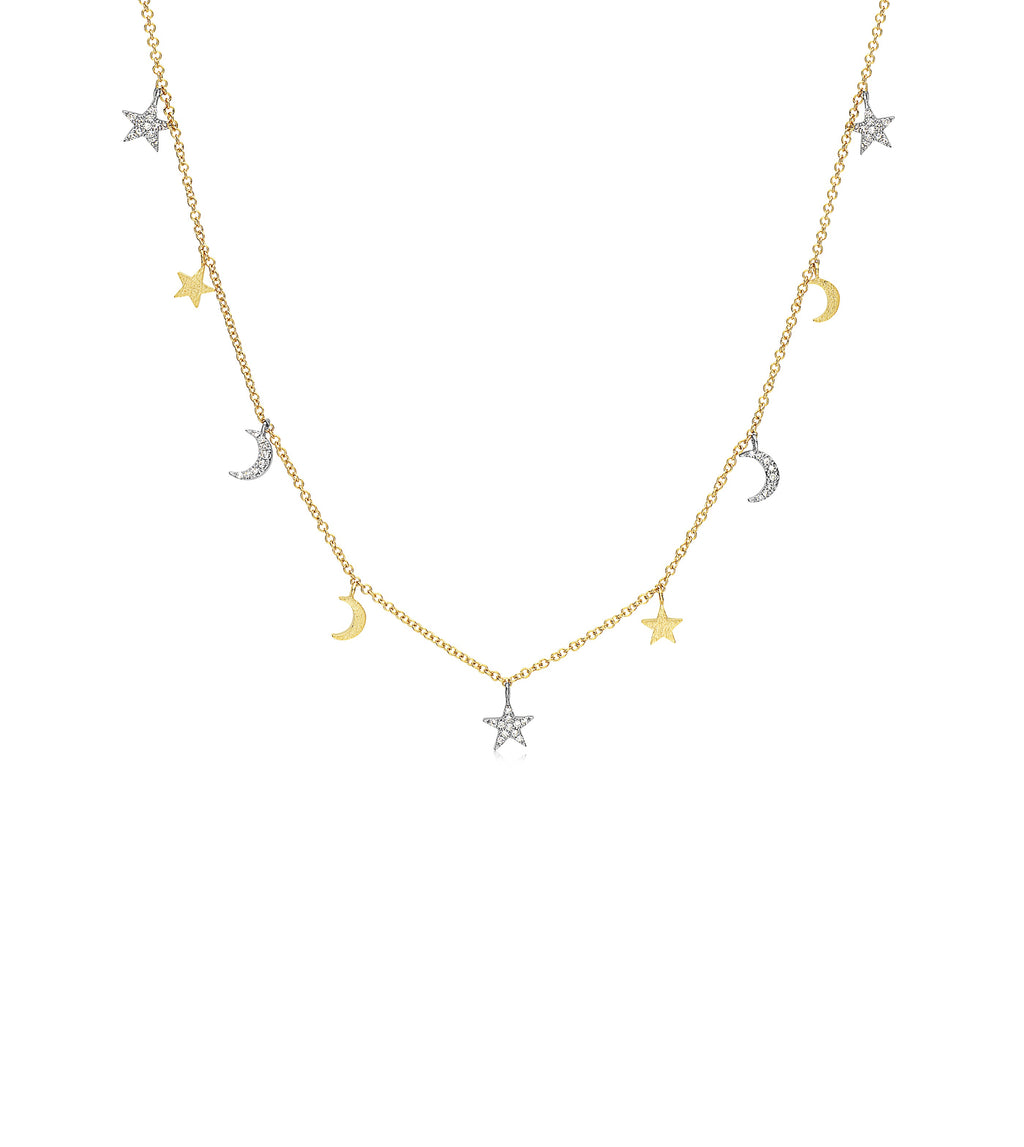 Diamond Star-Moon Charm Long Necklace