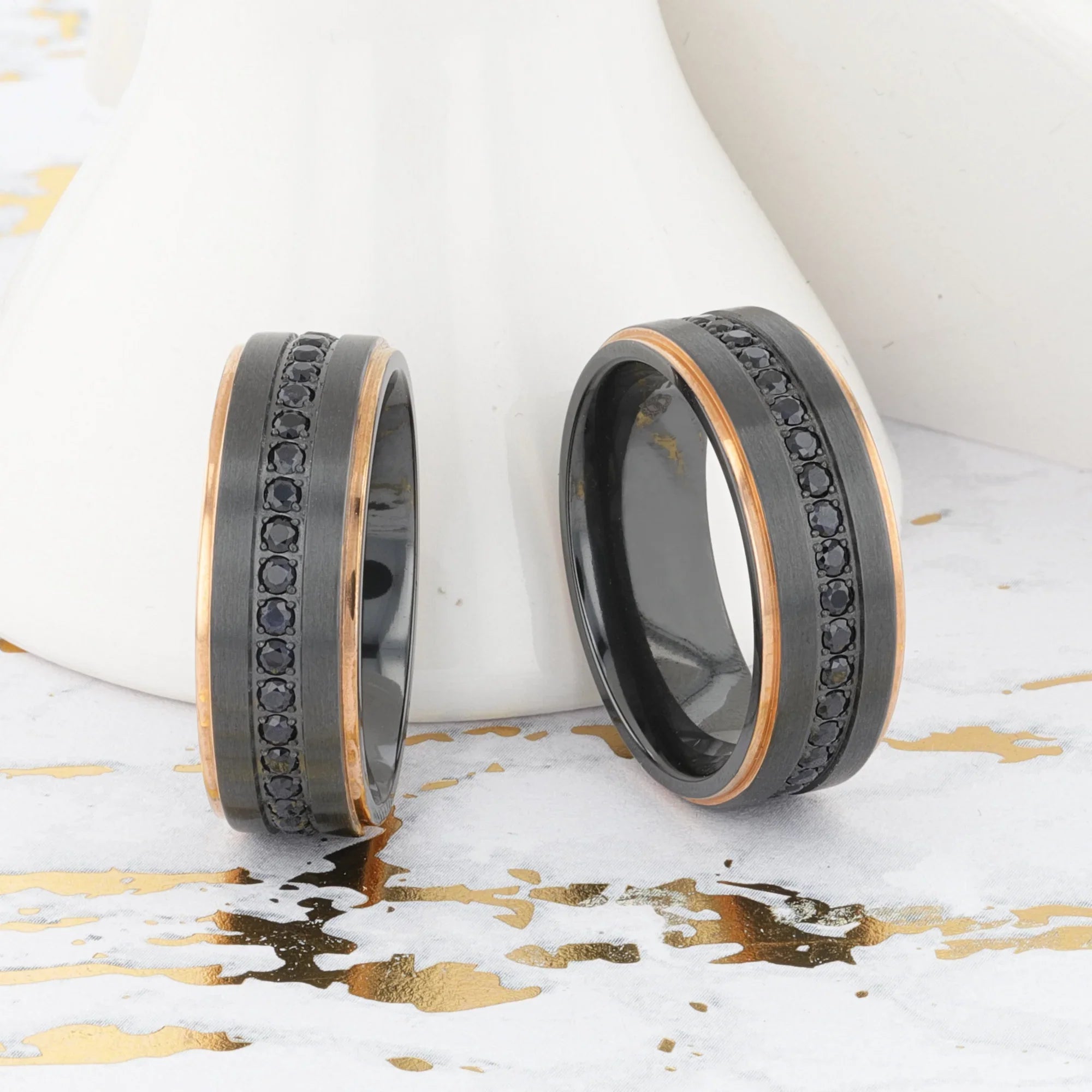 ASTRO Flat Brushed Black Titanium Ring with Rose Gold Plated Edge and Black Sapphire Settings All Around - 8mm