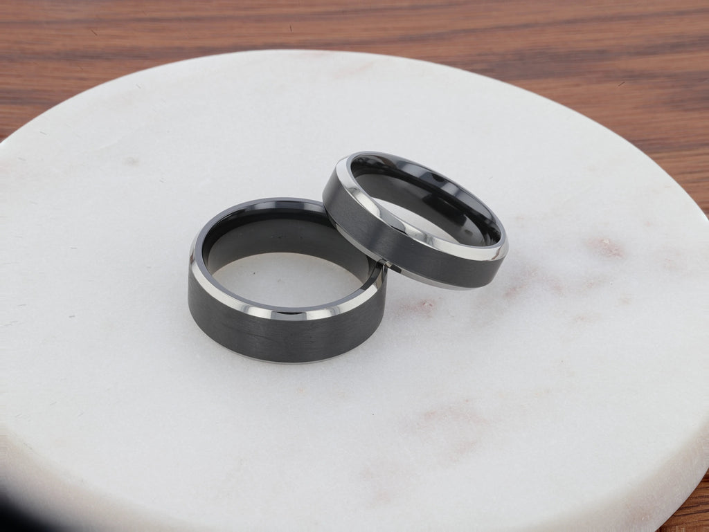 ATNOS Men’s Black Titanium Wedding Ring with Brushed Center and Polished Beveled Edges — 6mm & 8mm