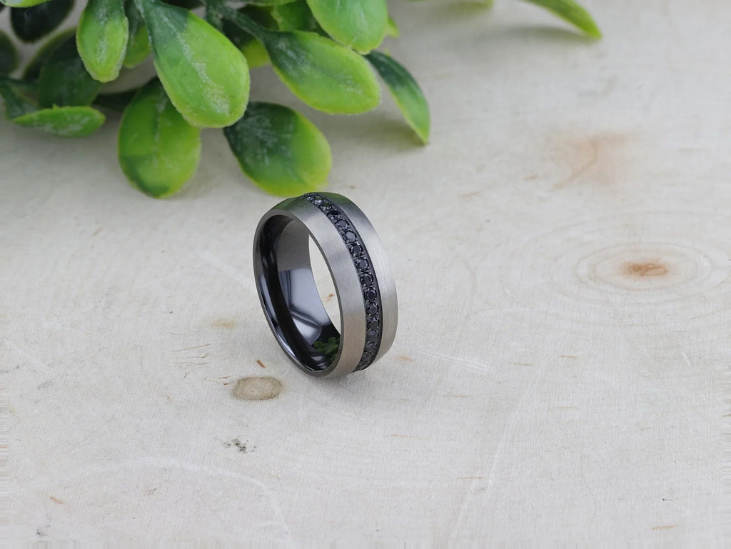 AVIATOR Domed Brushed Titanium Men's Wedding Band with Black Sapphire Stones Inlay - 8mm